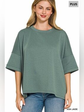 Ash Jade Plus Size Scuba Round Neck Top With Side Slits Top